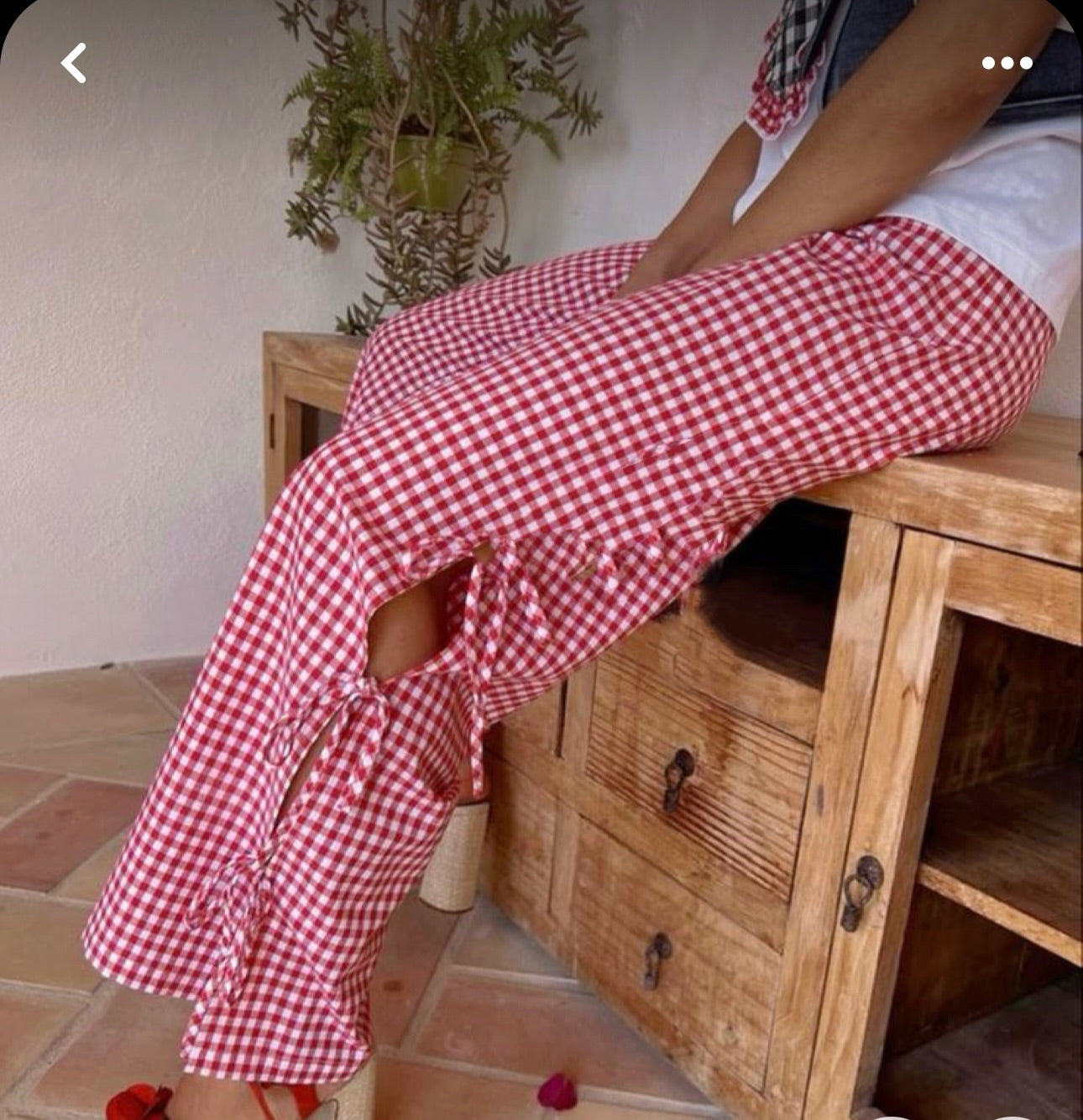 Red gingham ribbon pants